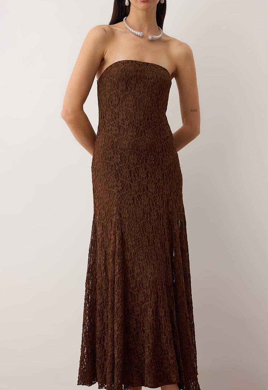 Trendyol - Straight Lace Strapless Midi Lined Dress - Brown