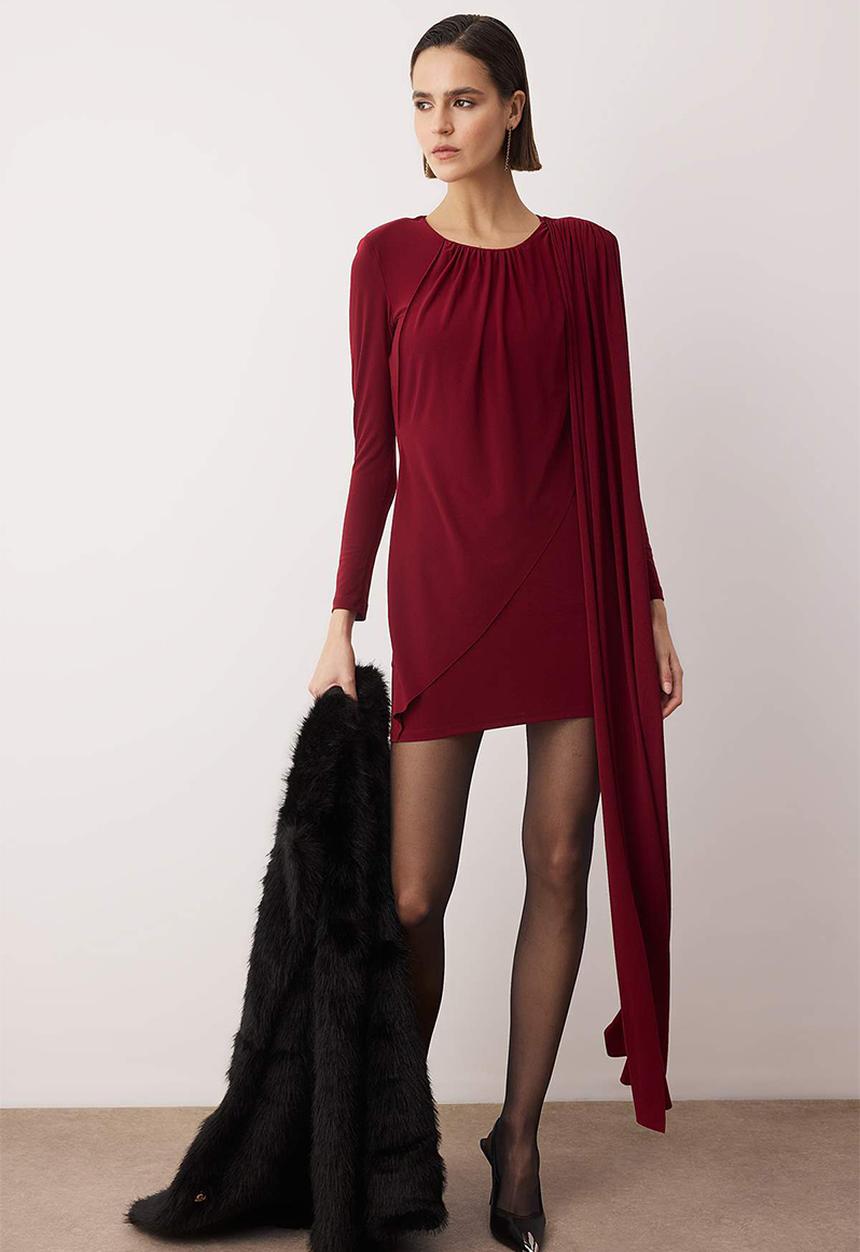 Trendyol - Plain Knitted Short / Mini Dress - Dark Burgundy