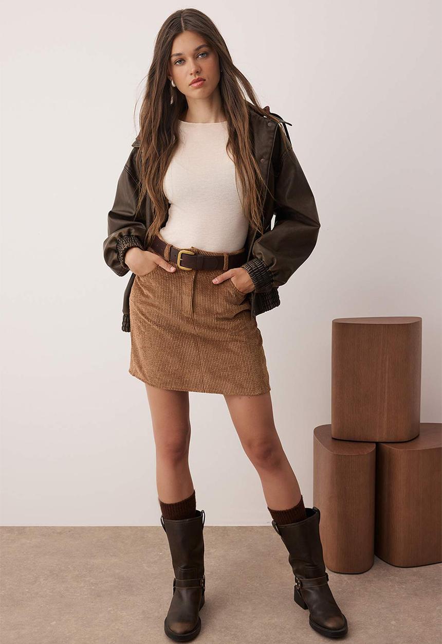 Trendyol - Corduroy Mini Pencil Skirt - Brown