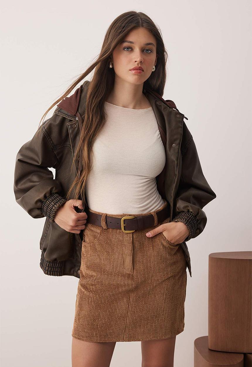 Trendyol - Corduroy Mini Pencil Skirt - Brown