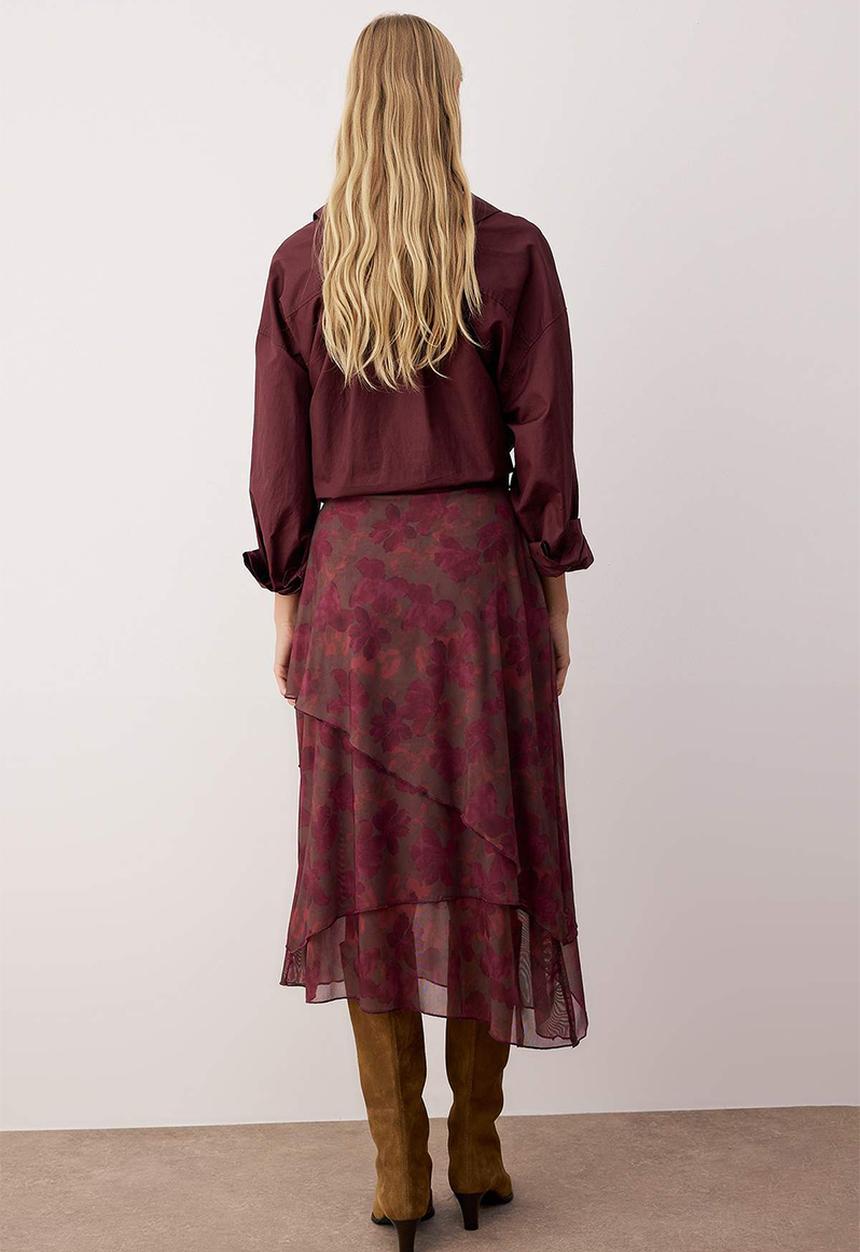 Trendyol - Ruffle Abstract Pattern Knitted Skirt - Burgundy