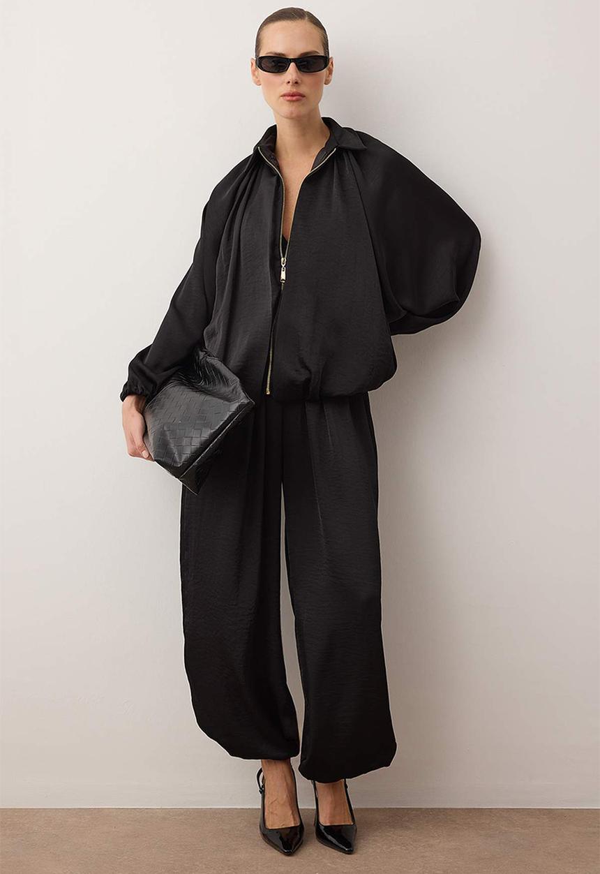 Trendyol - Satin Balloon Mold Pants Jacket Woven Bottom Top Set - Black