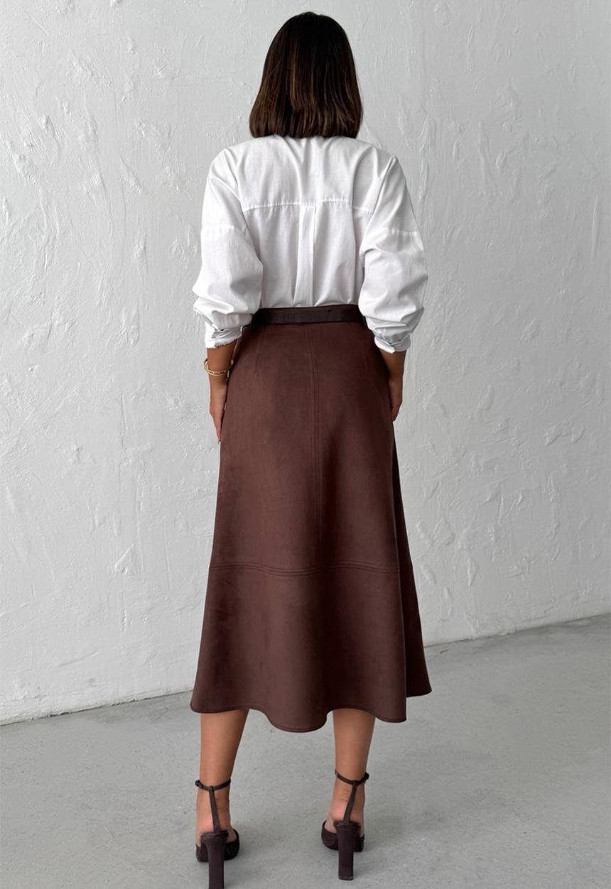 Trendyol - A-Line Midi Knitted Suede Skirt - Dark Brown