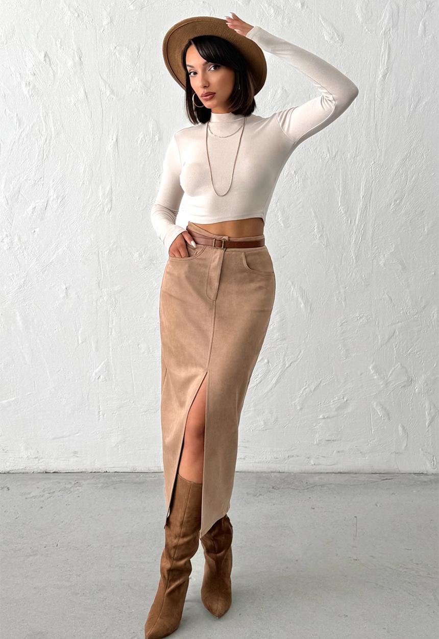 Trendyol - Suede Midi Knitted Pencil Skirt - Mink