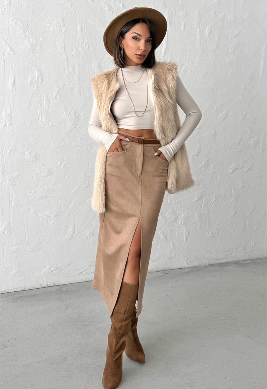 Trendyol - Suede Midi Knitted Pencil Skirt - Mink