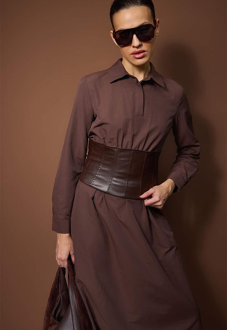 Trendyol - Leather Corset Belt Woven Dress - Brown