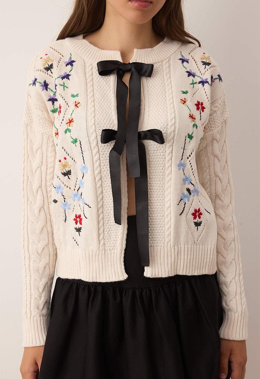 Ribbon Flower Embroidered Knitwear Cardigan - Stone
