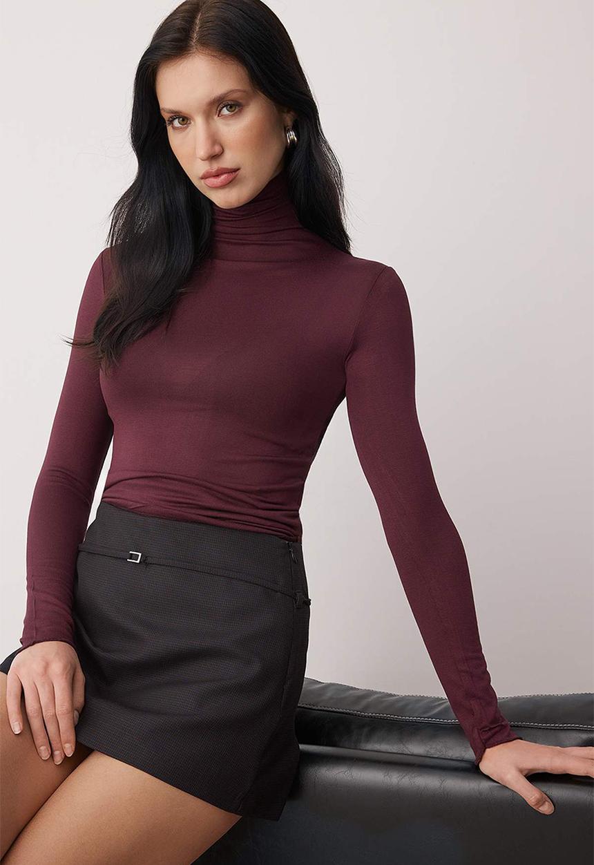 Trendyol - Transparent Stand Collar Flexible Regular Length Knitted Blouse - Plum