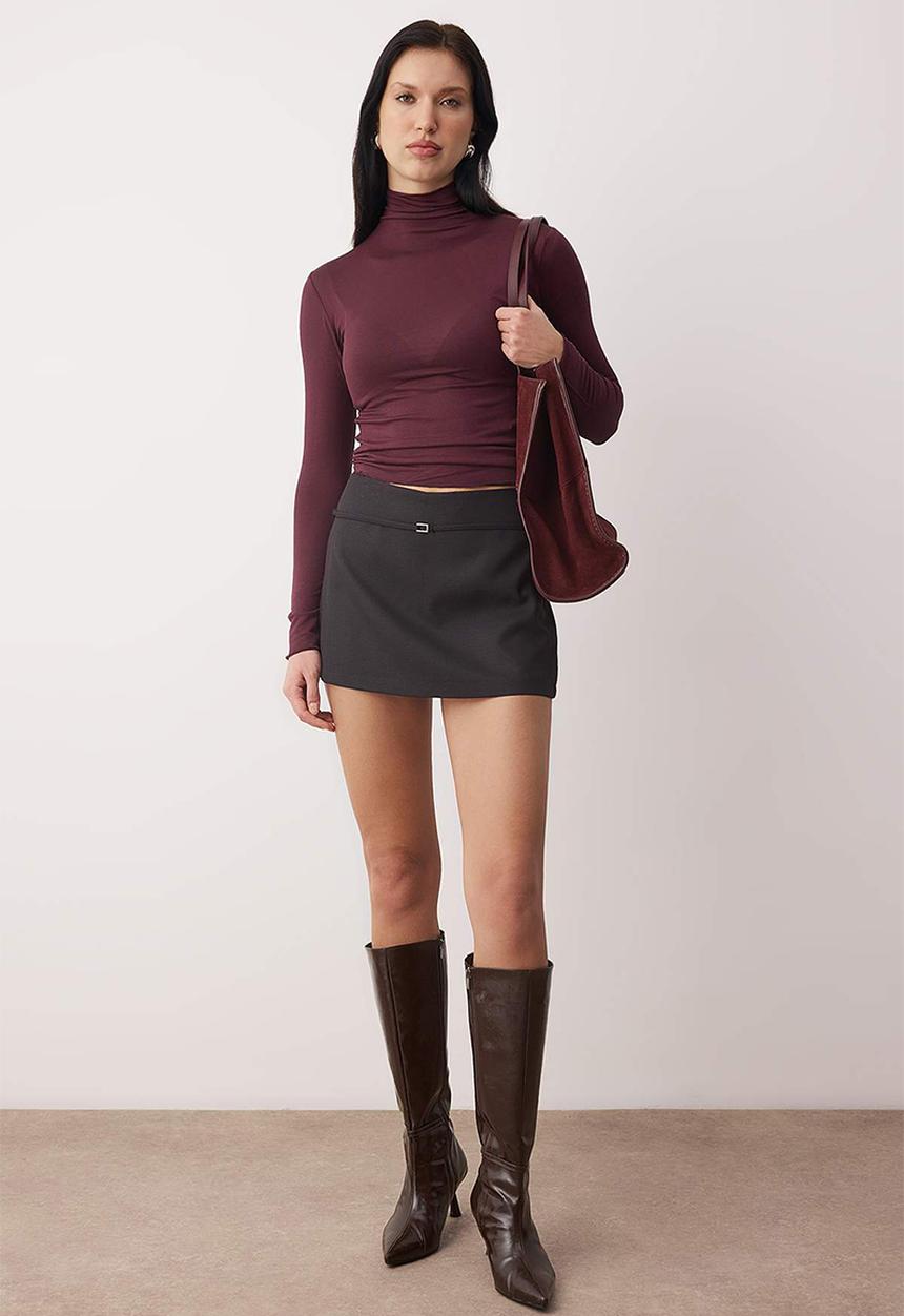 Trendyol - Transparent Stand Collar Flexible Regular Length Knitted Blouse - Plum