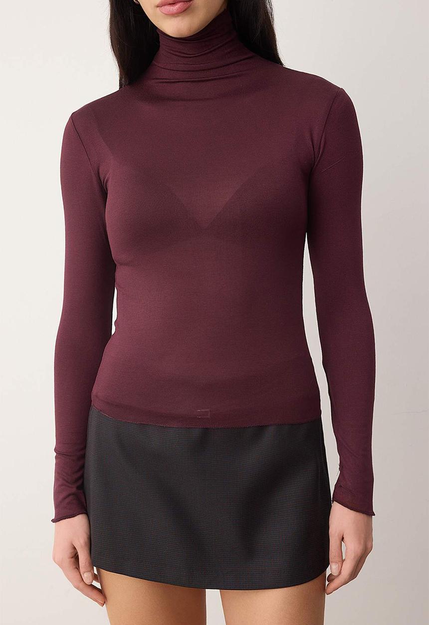 Trendyol - Transparent Stand Collar Flexible Regular Length Knitted Blouse - Plum