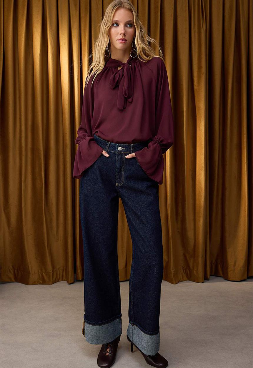 Trendyol - High Waist Wide Leg Jeans - Dark Blue