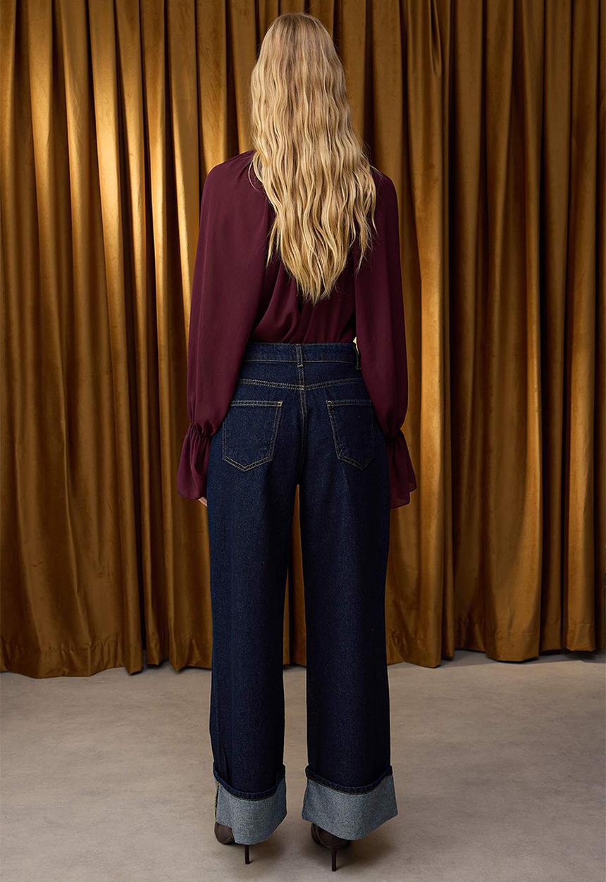 Trendyol - High Waist Wide Leg Jeans - Dark Blue