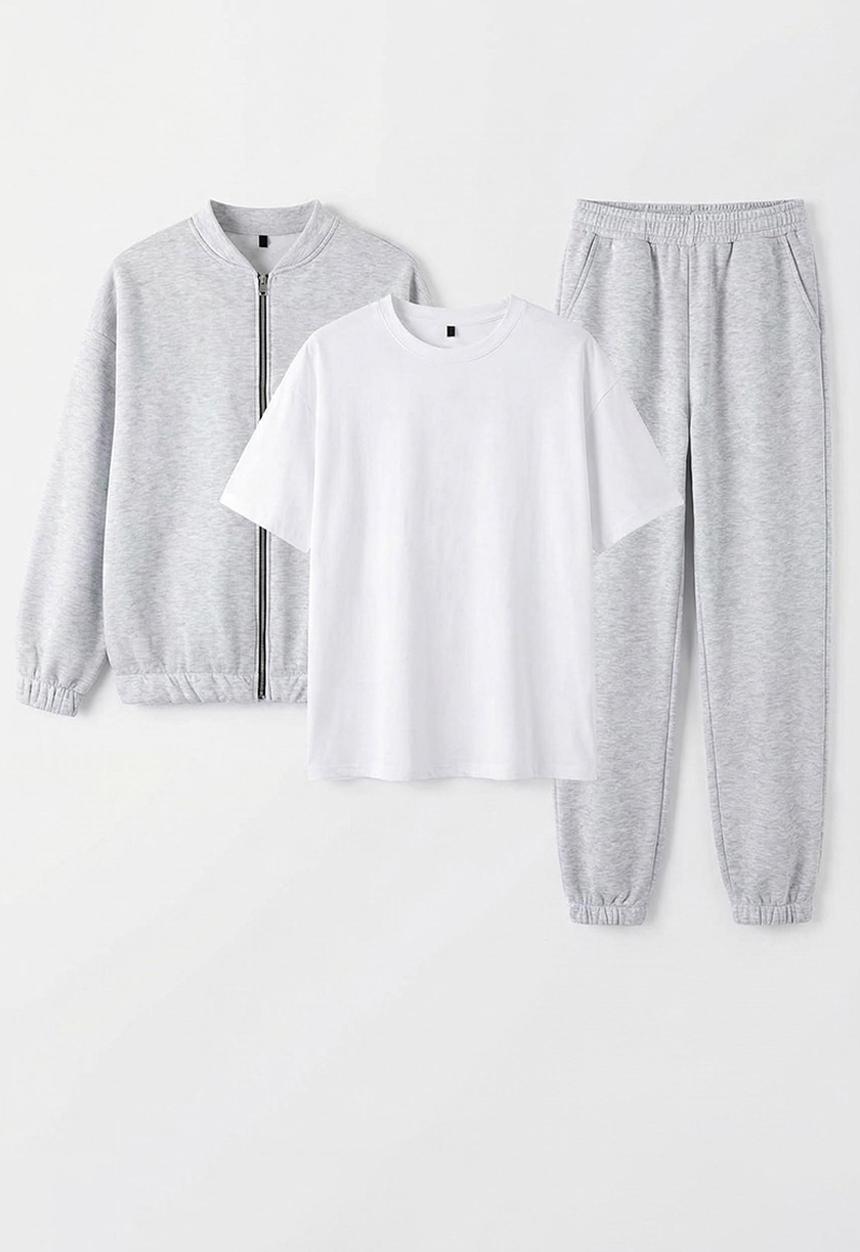 Trendyol - 3-Piece Cotton T-Shirt Sweatpants and Stand-Up Collar Zip-Up Tracksuit Set - Grey