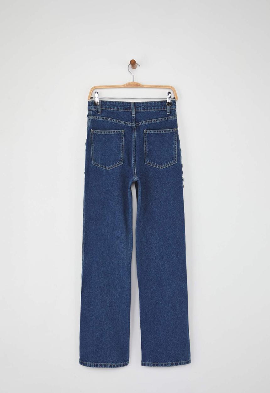 Trendyol - Eyelet Binding Detail High Waist Wide Leg Jeans - Blue