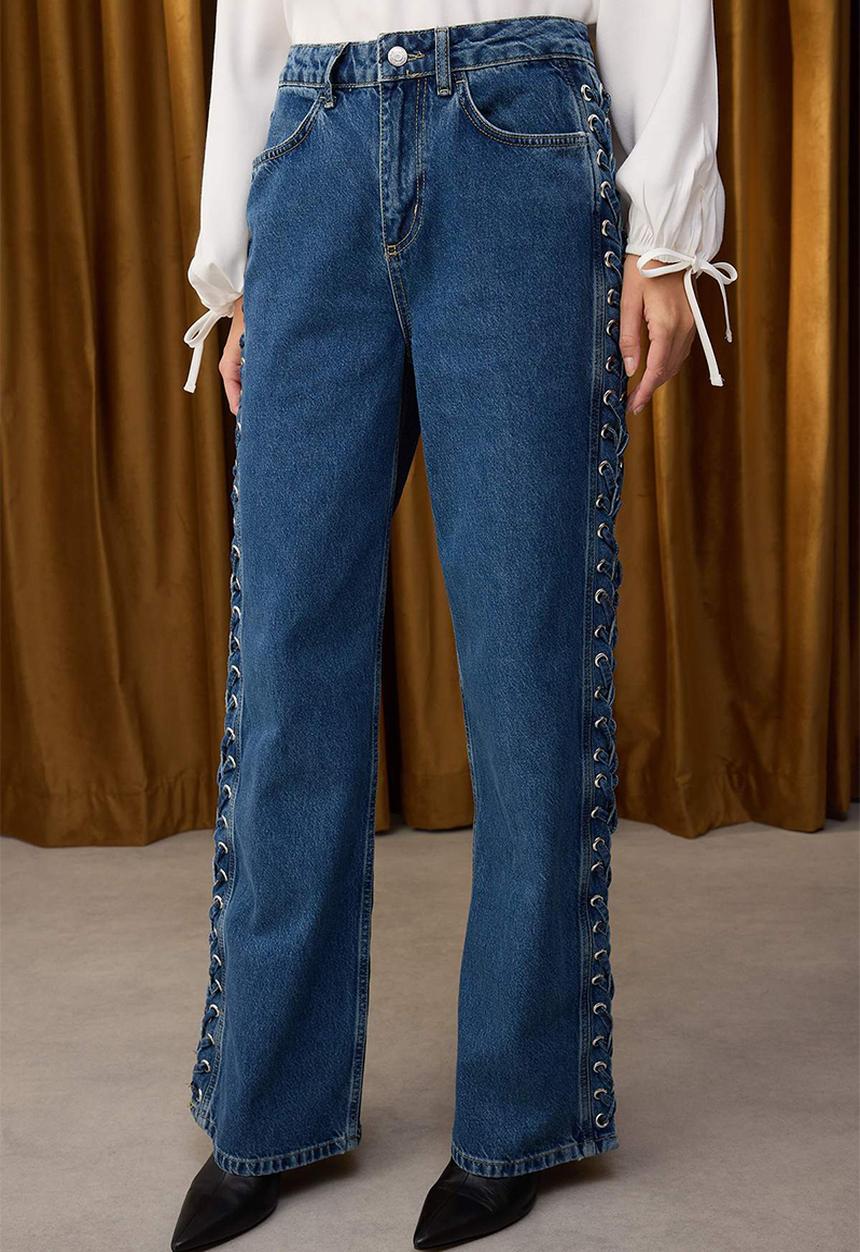 Trendyol - Eyelet Binding Detail High Waist Wide Leg Jeans - Blue