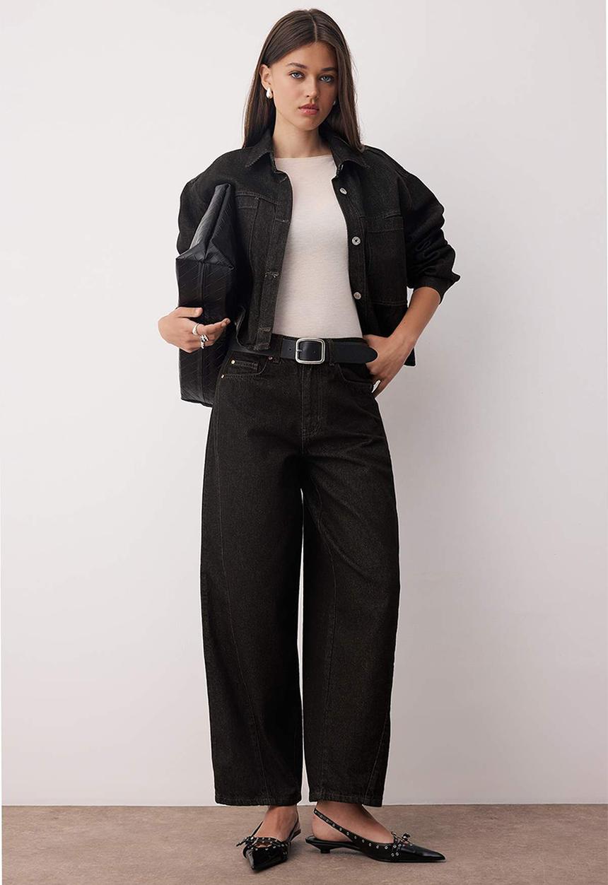 Trendyol - Stitching Detail Baggy Wide Fit Jeans - Black