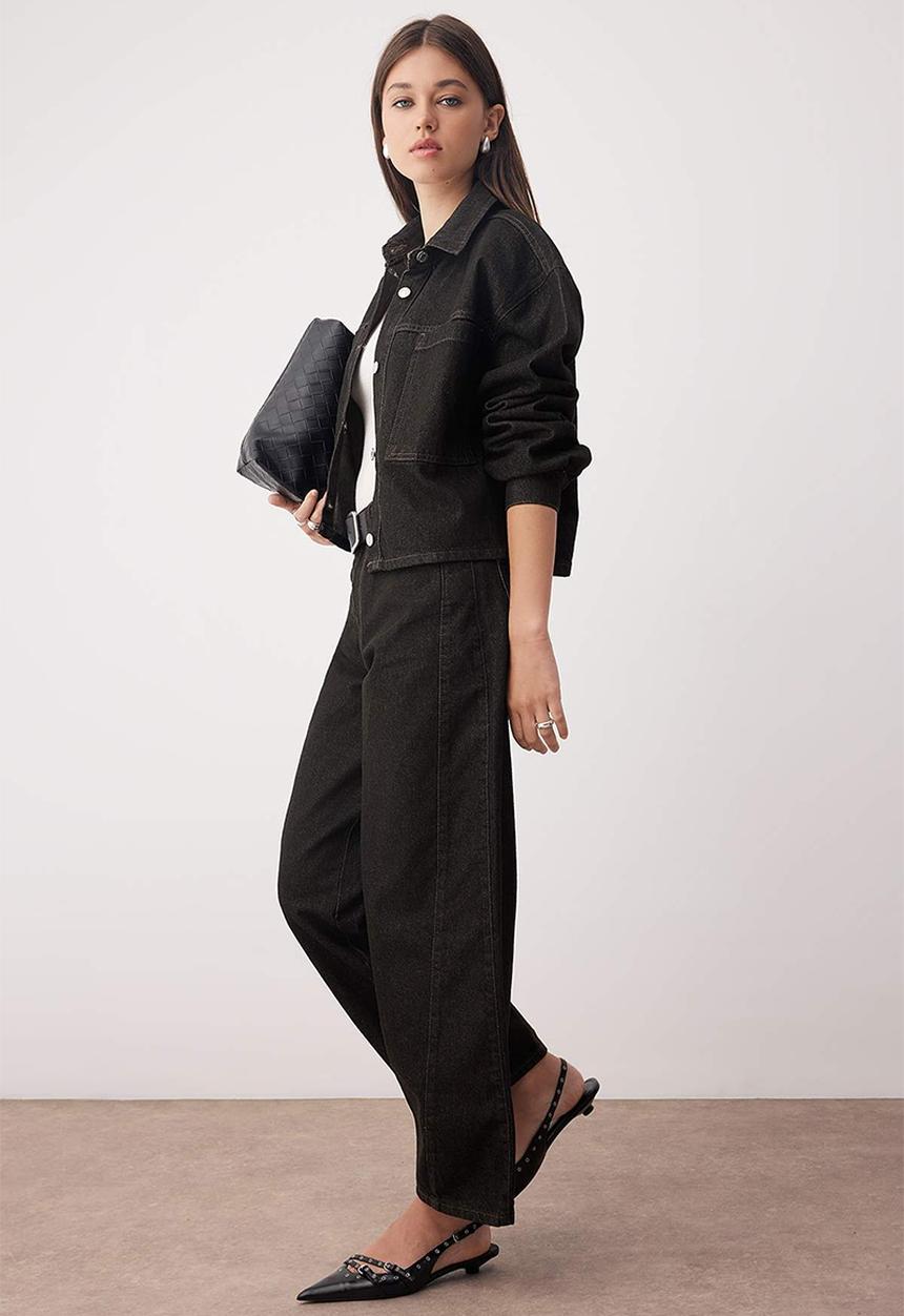 Trendyol - Stitching Detail Baggy Wide Fit Jeans - Black