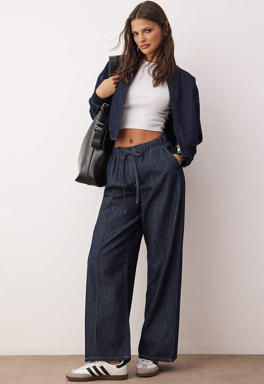 Trendyol - Tie Detail High Jeans - Dark Blue