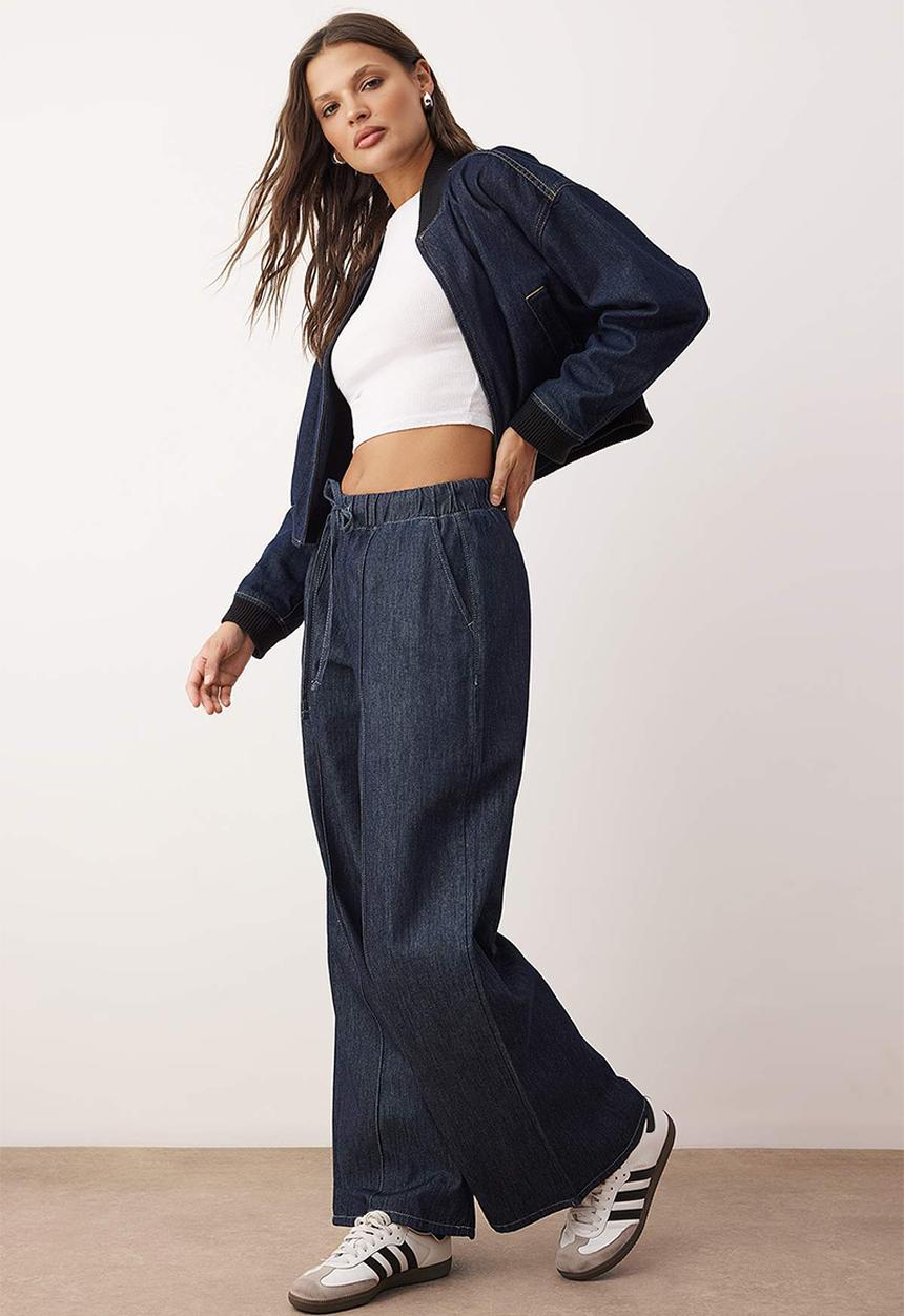 Trendyol - Tie Detail High Jeans - Dark Blue