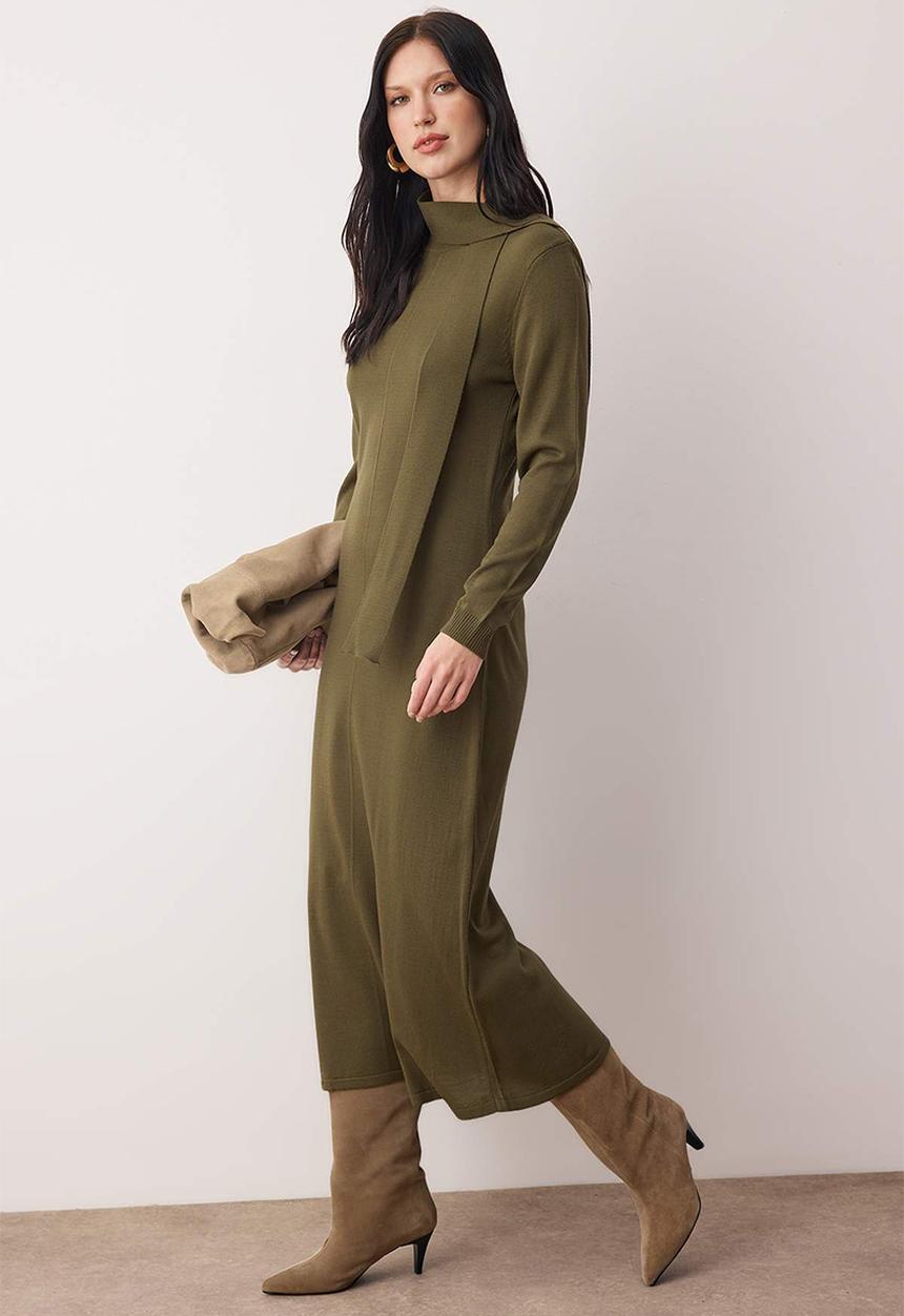 Trendyol - Scarf Detailed Knitwear Dress - Khaki