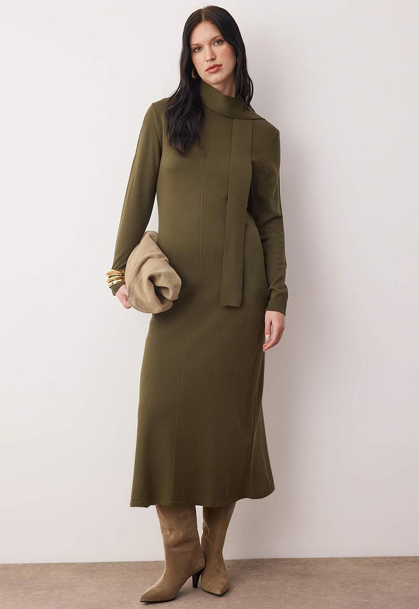 Trendyol - Scarf Detailed Knitwear Dress - Khaki