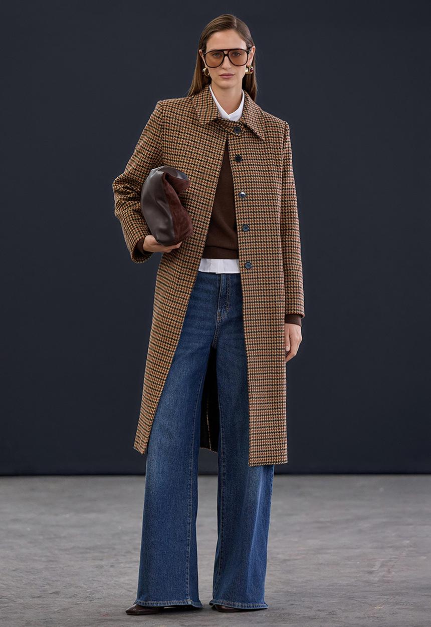 Trendyol - Houndstooth Mono Closure Regular Long Cashmere Coat - Beige