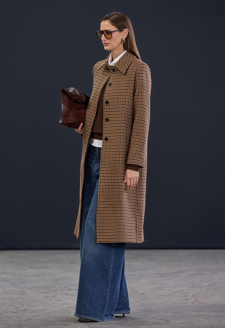 Trendyol - Houndstooth Mono Closure Regular Long Cashmere Coat - Beige