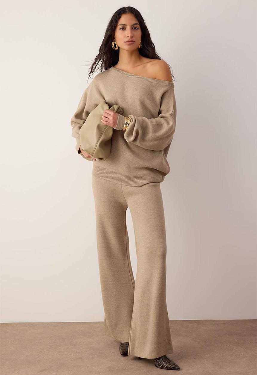Trendyol - Boat Neck Sweater-Pants Knitwear Bottom-Top Set - Mink