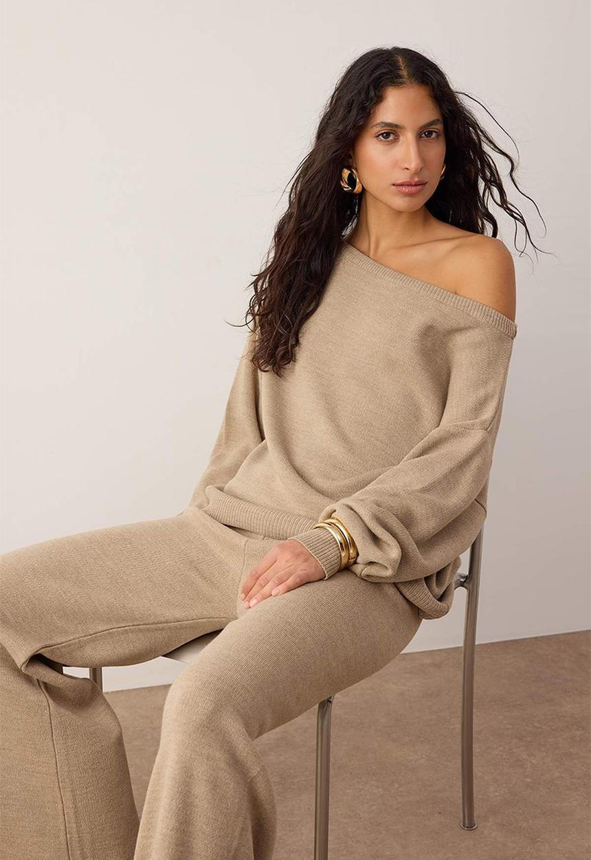 Trendyol - Boat Neck Sweater-Pants Knitwear Bottom-Top Set - Mink