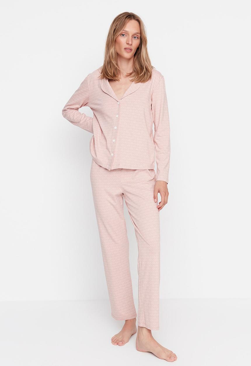 Trendyol - Printed Knitted Pajamas Set - Powder