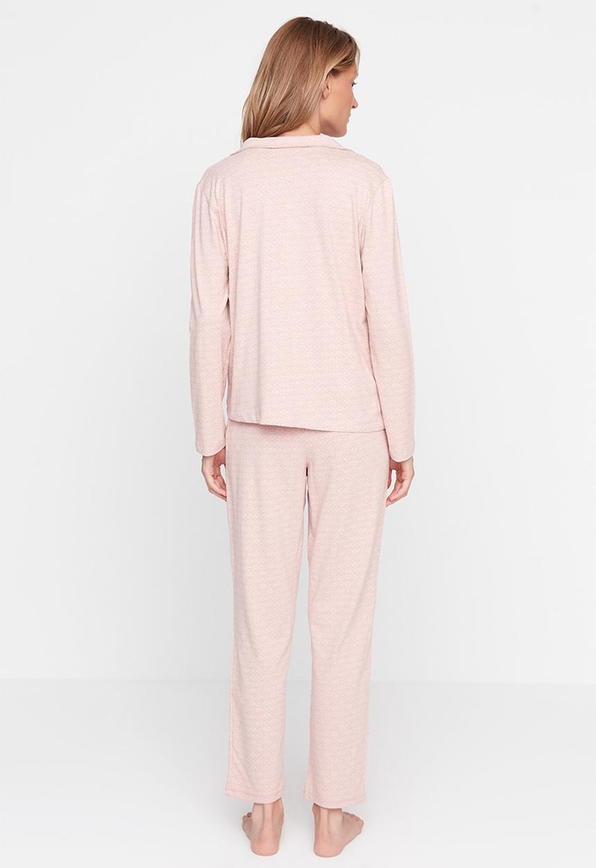 Trendyol - Printed Knitted Pajamas Set - Powder