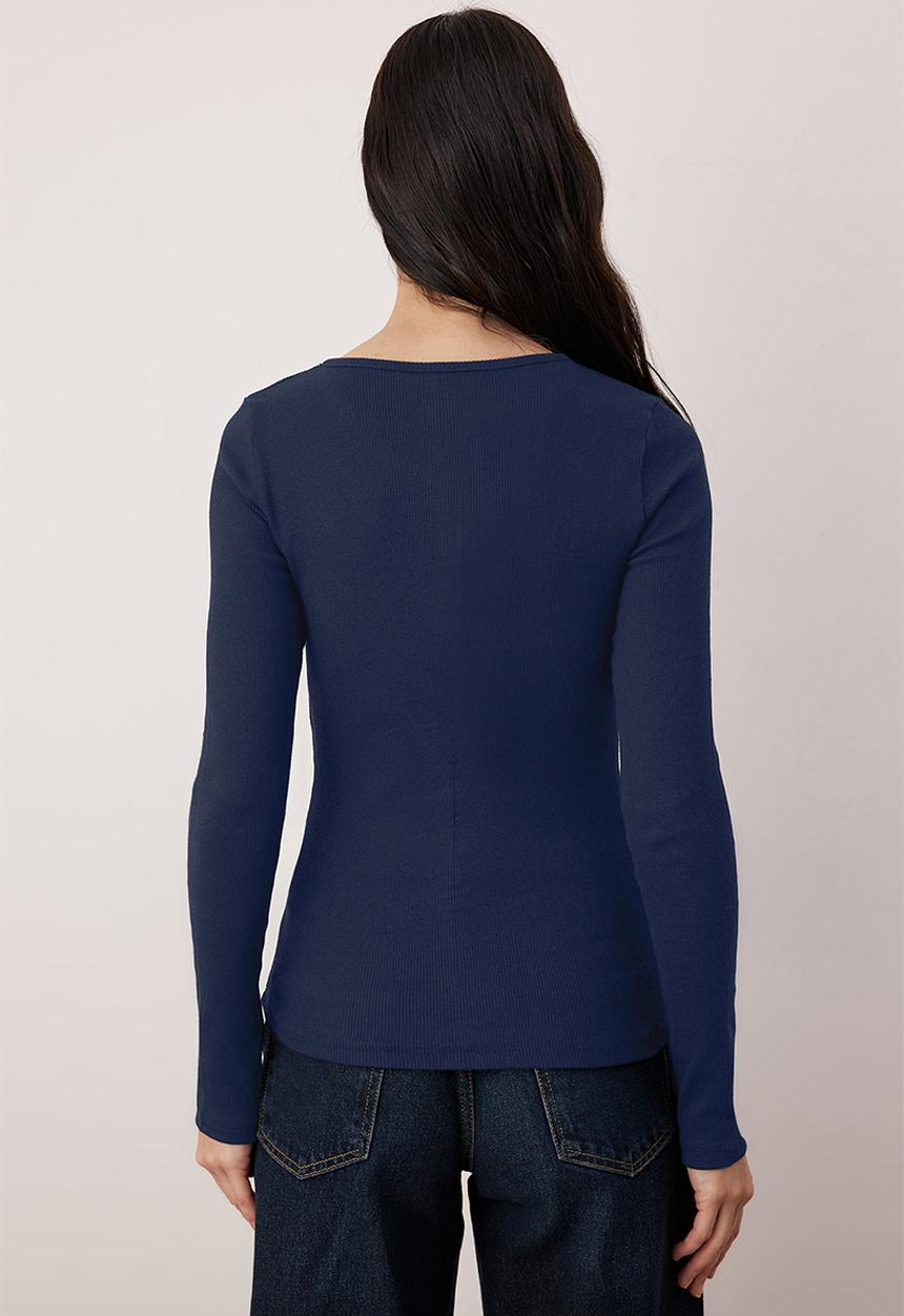 Trendyol - Snap Fastener Fitted/Bodycon Corded Fabric Stretchy Knitted Blouse - Navy Blue