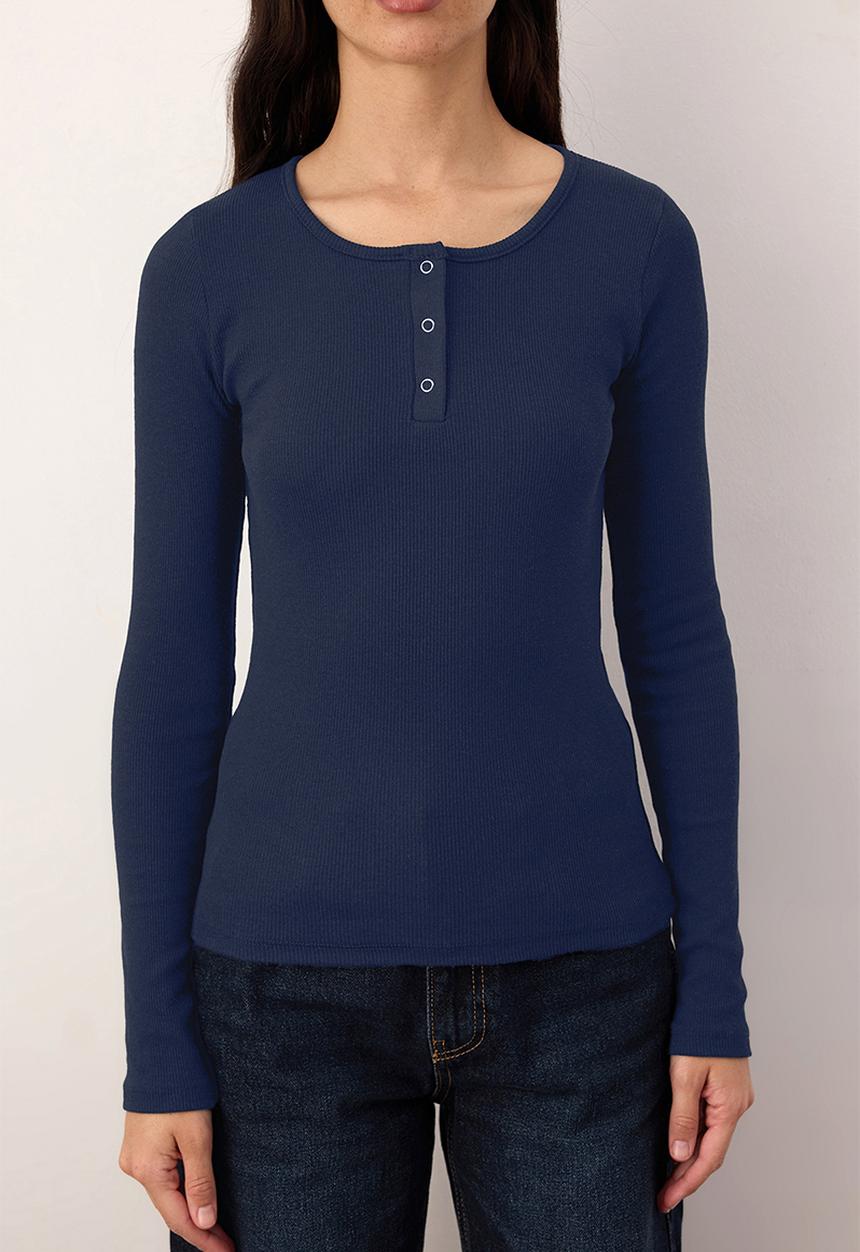Trendyol - Snap Fastener Fitted/Bodycon Corded Fabric Stretchy Knitted Blouse - Navy Blue