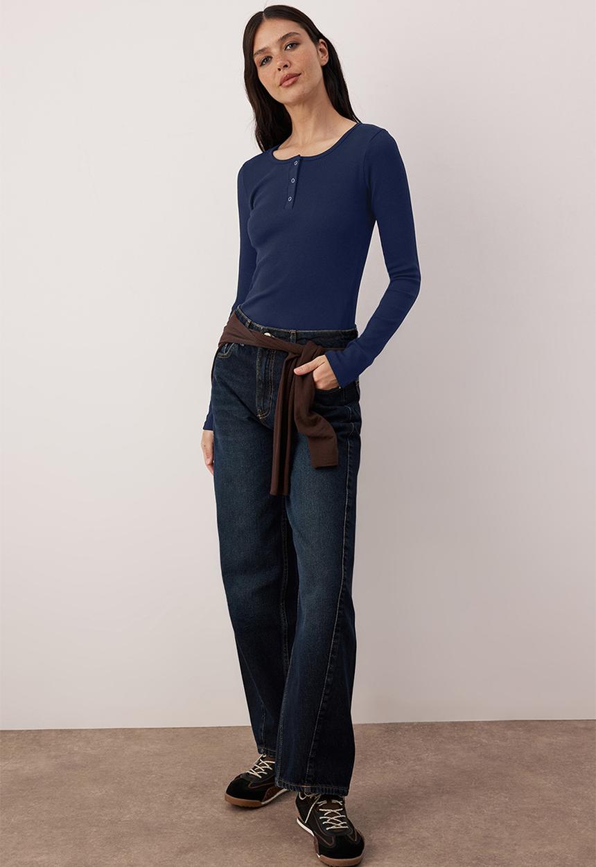 Trendyol - Snap Fastener Fitted/Bodycon Corded Fabric Stretchy Knitted Blouse - Navy Blue