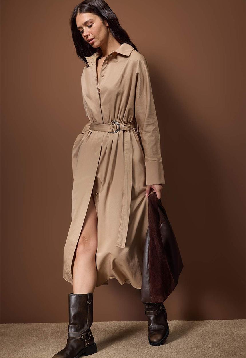Trendyol - Belted Midi Woven Dress - Mink