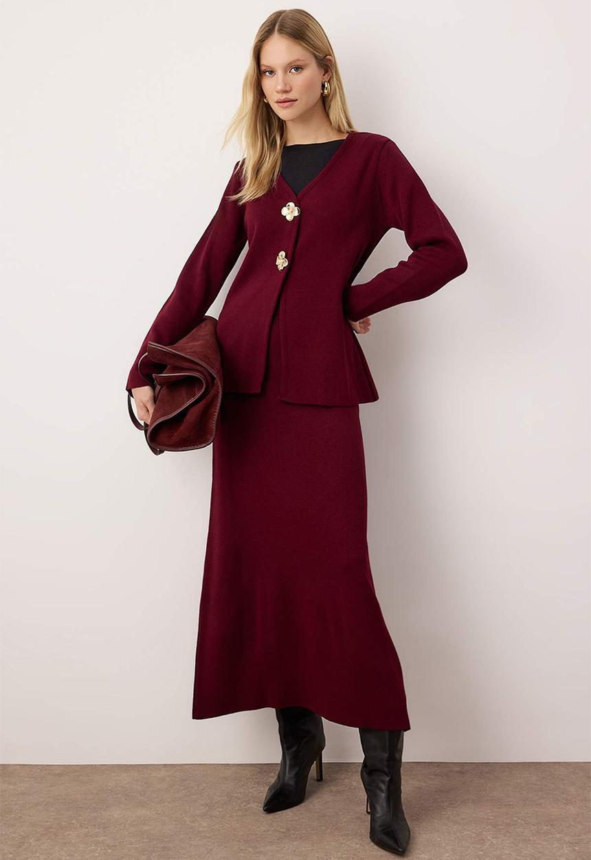 Trendyol - Gold Buttoned Knitwear Skirt Suit - Plum