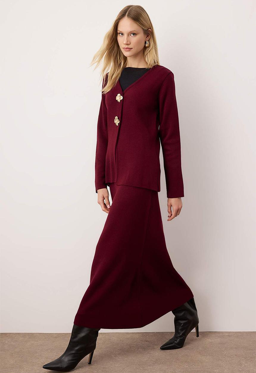 Trendyol - Gold Buttoned Knitwear Skirt Suit - Plum