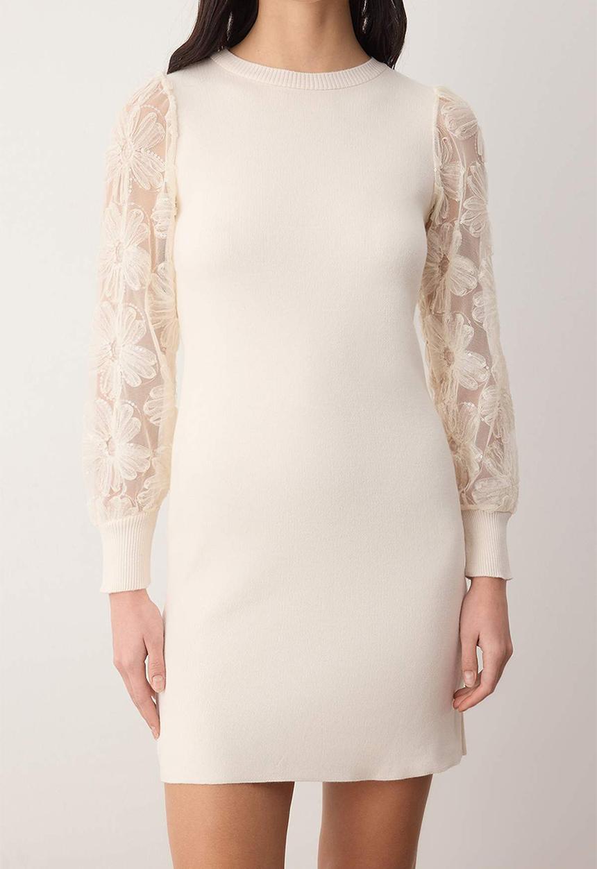 Trendyol - Mini Floral Embroidery Sleeve Detailed Knitwear Dress - Ecru