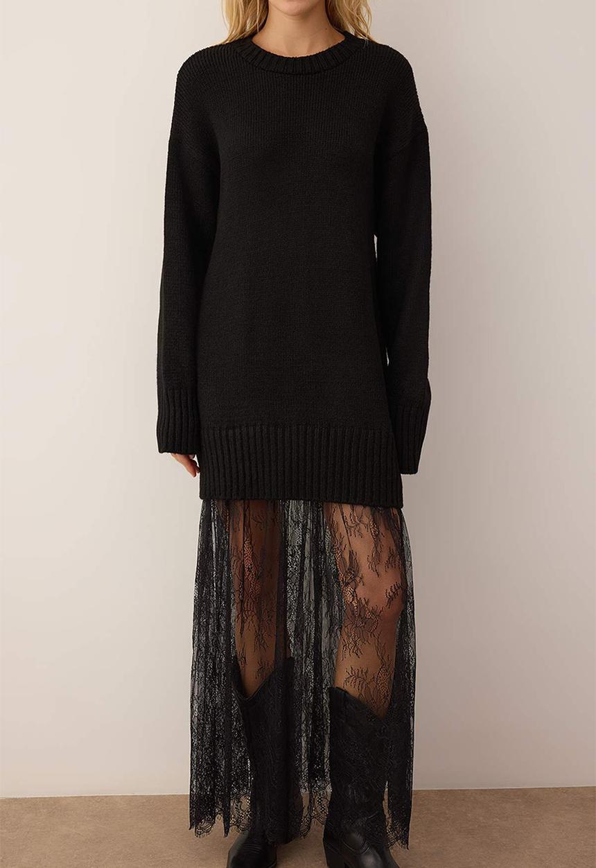Trendyol - Plain Maxi Crew Neck Lace Hem Knitwear Dress - Black