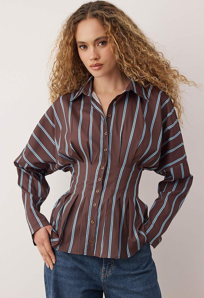 Trendyol - Striped Lycra Fitted Waist Shirt - Brown Multicolored