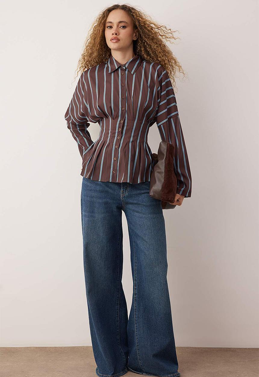Trendyol - Striped Lycra Fitted Waist Shirt - Brown Multicolored