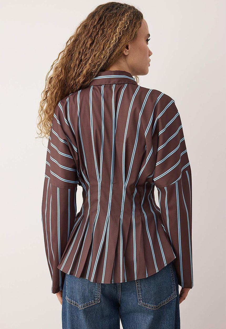Trendyol - Striped Lycra Fitted Waist Shirt - Brown Multicolored