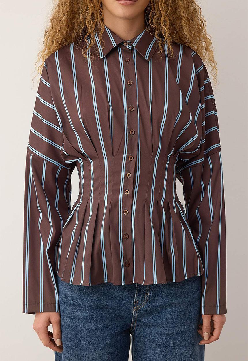 Trendyol - Striped Lycra Fitted Waist Shirt - Brown Multicolored