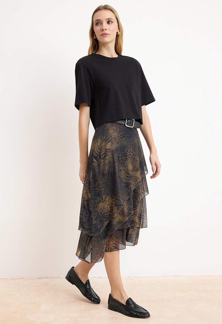 Trendyol - Ruffled Abstract Pattern Knitted Skirt - Khaki