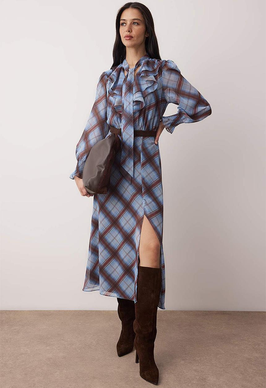 Trendyol - Plaid Lined Woven Dress with Tie Detail - Multi-Colored