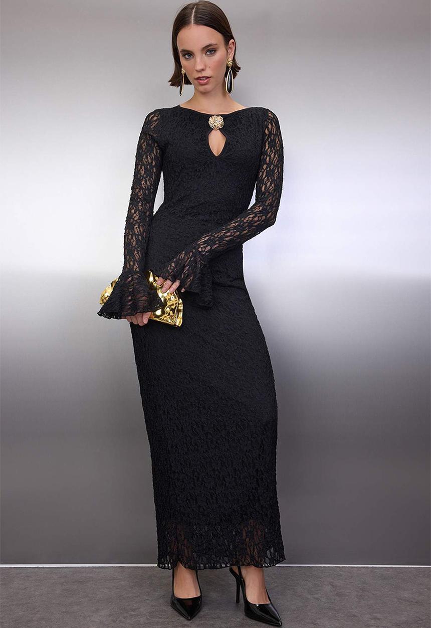 Plain Accessory Detailed Lace Maxi Lined Dress - Black