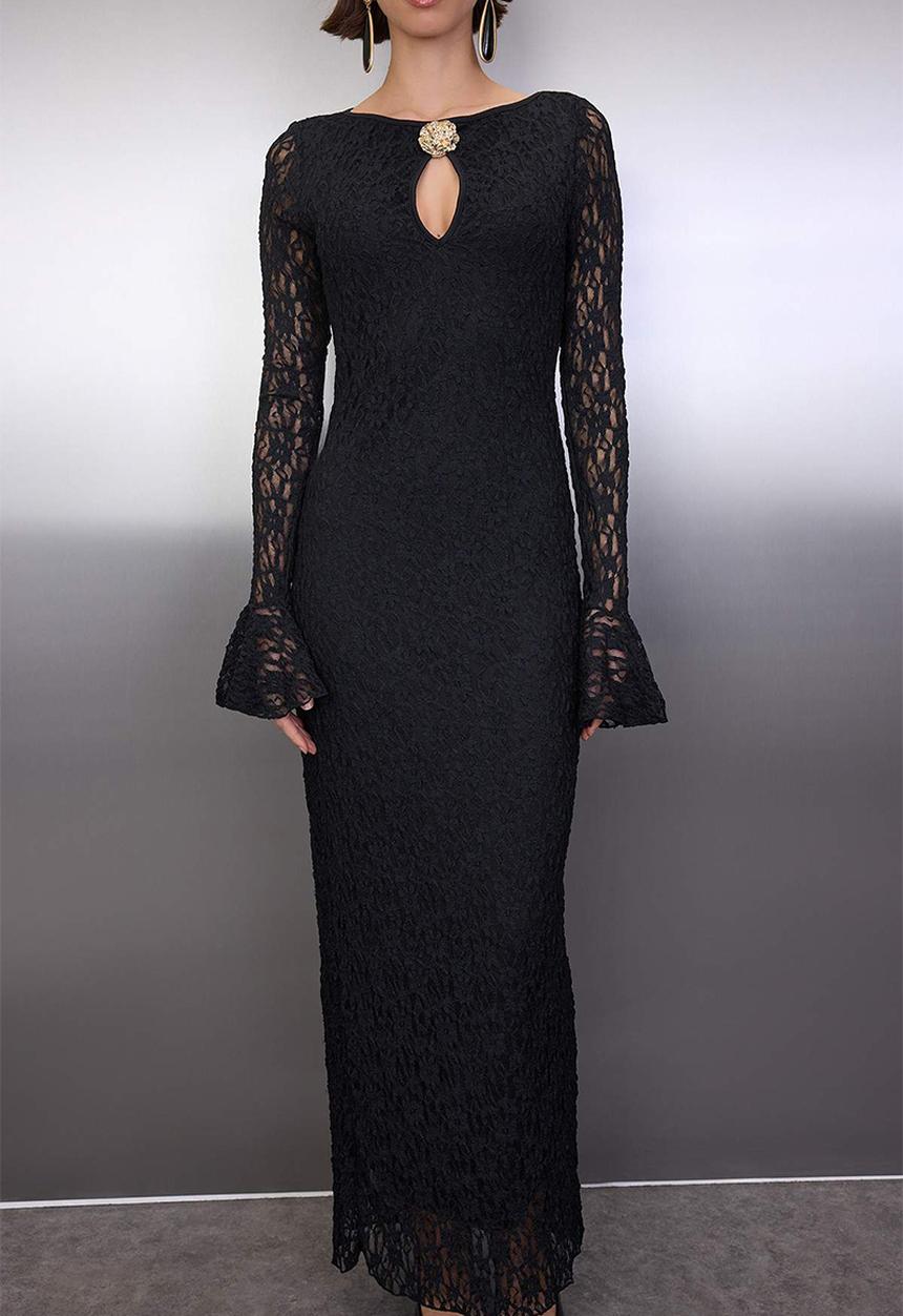 Trendyol - Plain Accessory Detailed Lace Maxi Lined Dress - Black