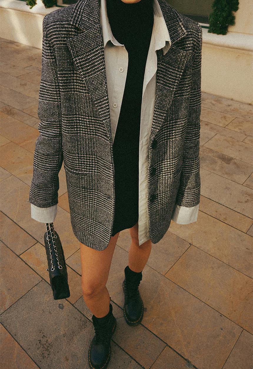 Trendyol - Premium Wool Look Regular Lined Woven Plaid Blazer Jacket - Grey