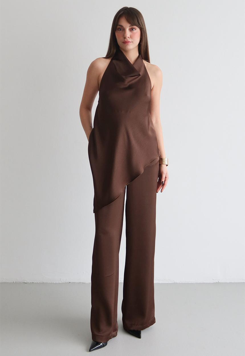 Trendyol - Satin Blouse Pants Party Bottom-Top Set - Brown