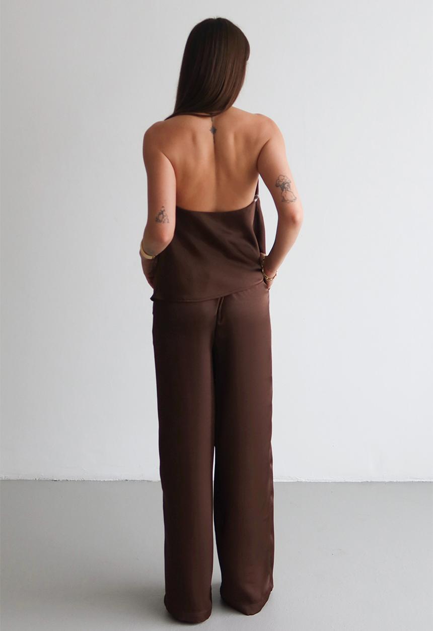Trendyol - Satin Blouse Pants Party Bottom-Top Set - Brown